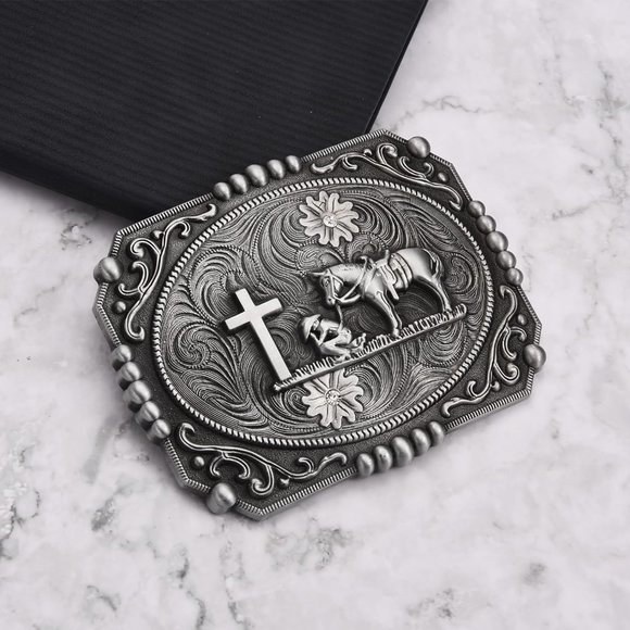 Man Silver Cowboy Rodeo Running Horse Antique Floral Engraved Rope Belt Buckle - Picture 2 of 7